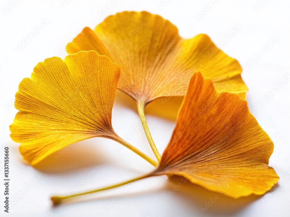 Naklejka premium Macro Autumn Ginkgo Biloba Leaves, Isolated White Background, Golden Yellow Fall Foliage