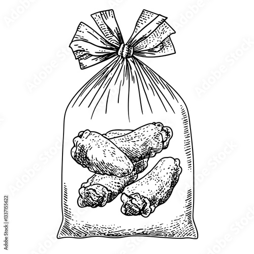 Hand-drawn vintage illustration of a bag filled with delicious baked goods showcasing timeless artistry and craftsmanship