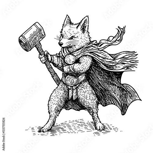Whimsical fox warrior holding a mighty hammer illustrated in vintage hand-drawn style