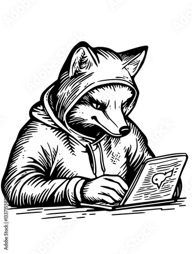 Engraved illustration of a fox wearing a hoodie focused on creative design and digital art