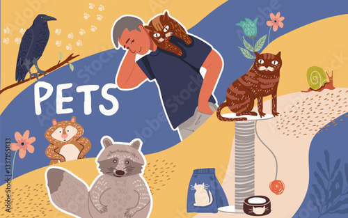 Collage, horizontal background, set of portraits of adorable pet owners and cute pets. Hand drawn vector illustration.