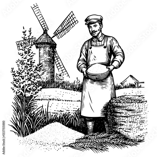 Engraved illustration of a vintage miller working in a picturesque countryside setting