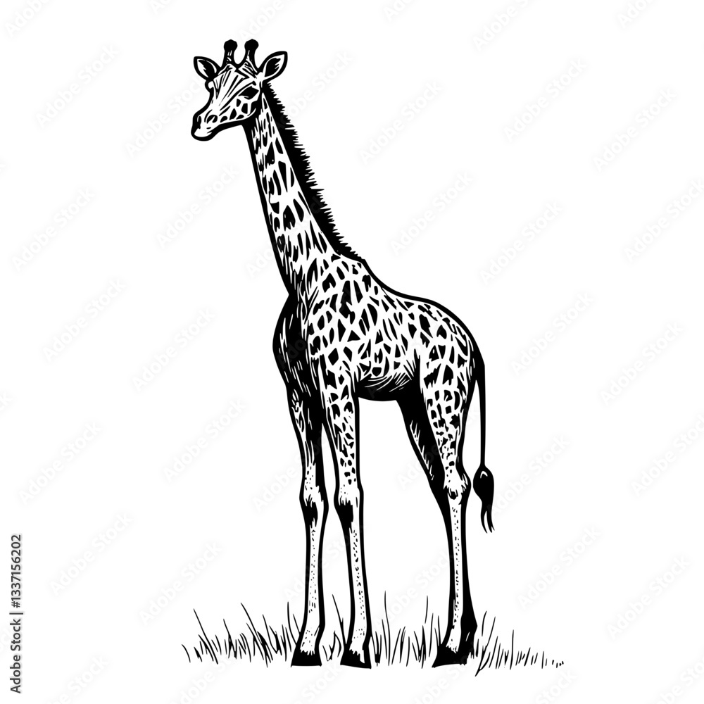 Naklejka premium Detailed illustration of a graceful giraffe standing elegantly amidst lush grass in a vintage engraving style