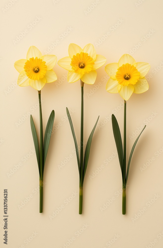 Obraz premium Bright yellow daffodils in a row on soft neutral background, symbolizing spring blooms and fresh beginnings