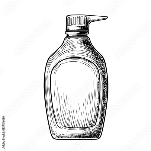 Engraved vintage illustration of a classic condiment bottle showcasing a hand-drawn design with intricate details