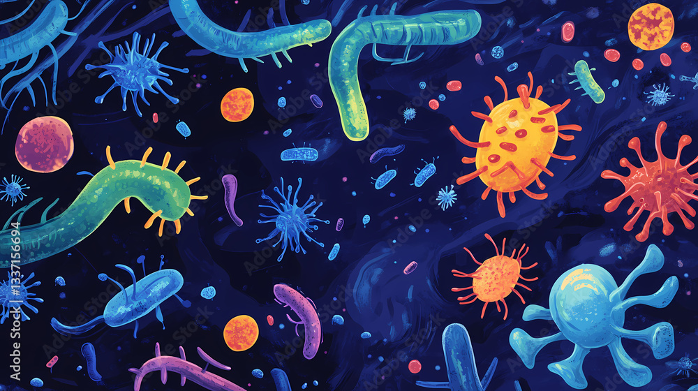 Illustration of microbiota including bacteria, fungi, protozoa, and viruses coexisting. Biotech Fungi. Illustration Illustration of microbiota including bacteria, fungi, protozoa, and viruses coexisting. Biotech Fungi. Illustration