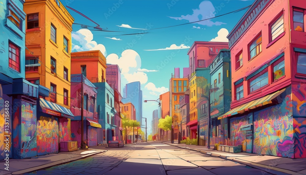 Obraz premium Comic cartoon urban street scene with diverse architectural styles