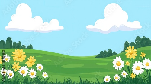 Idyllic Meadow Landscape with Blooming Daisies Under a Blue Sky