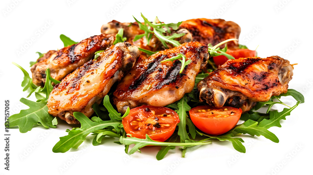 A plate of chicken wings and tomatoes on a white background. The chicken wings are grilled and have a crispy texture. The tomatoes are sliced and arranged around the chicken wings A plate of chicken wings and tomatoes on a white background. The chicken wings are grilled and have a crispy texture. The tomatoes are sliced and arranged around the chicken wings
