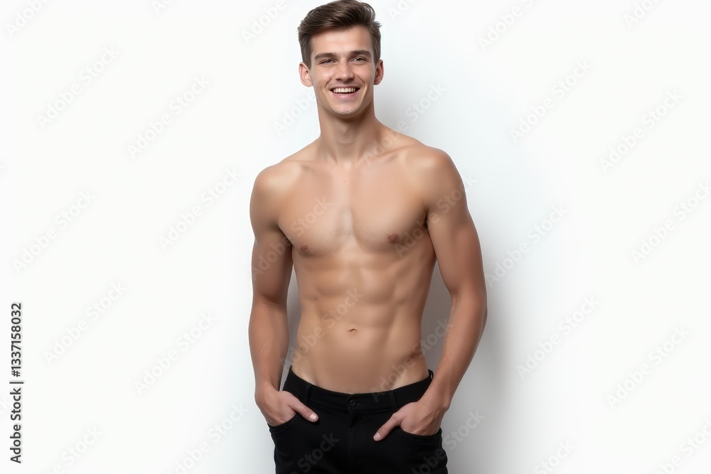 Fototapeta premium Half-Length (Waist-Up) portrait of young stylish smiling Dutch male model in sexy wear isolated on pure white background looking at camera