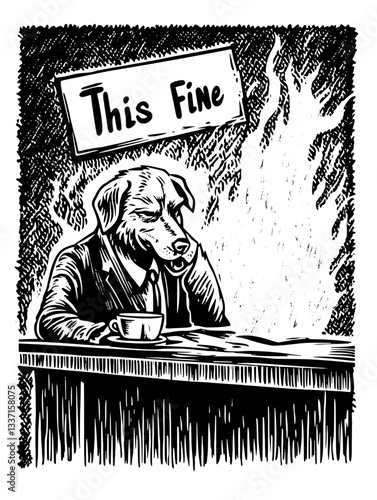 Dog enjoying a quiet moment by the fireside in a vintage-style engraved illustration