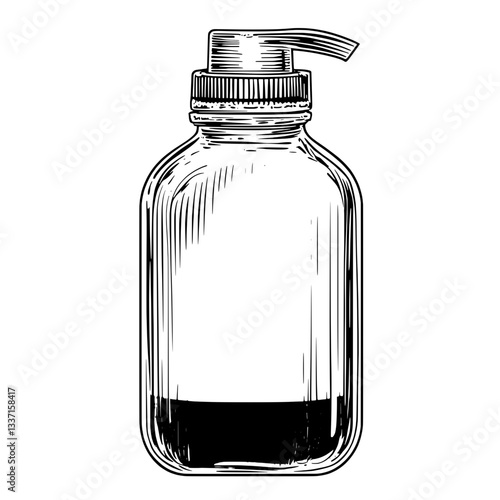 Vintage engraved illustration of a classic dispenser bottle showcasing intricate hand-drawn details in monochrome style