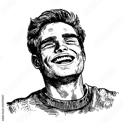 Engraved vintage illustration of a joyful young man expressing happiness with a captivating smile and detailed hatched lines