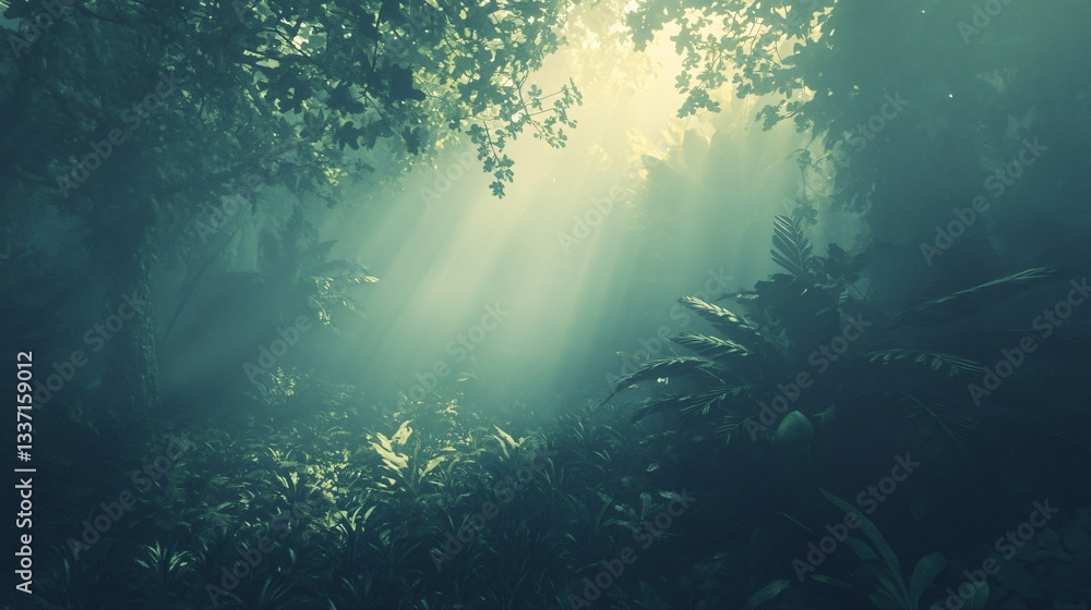 Fototapeta premium Sunbeams pierce through mist in a lush forest, illuminating dense vegetation with a serene, ethereal glow. Atmospheric and tranquil scenery.