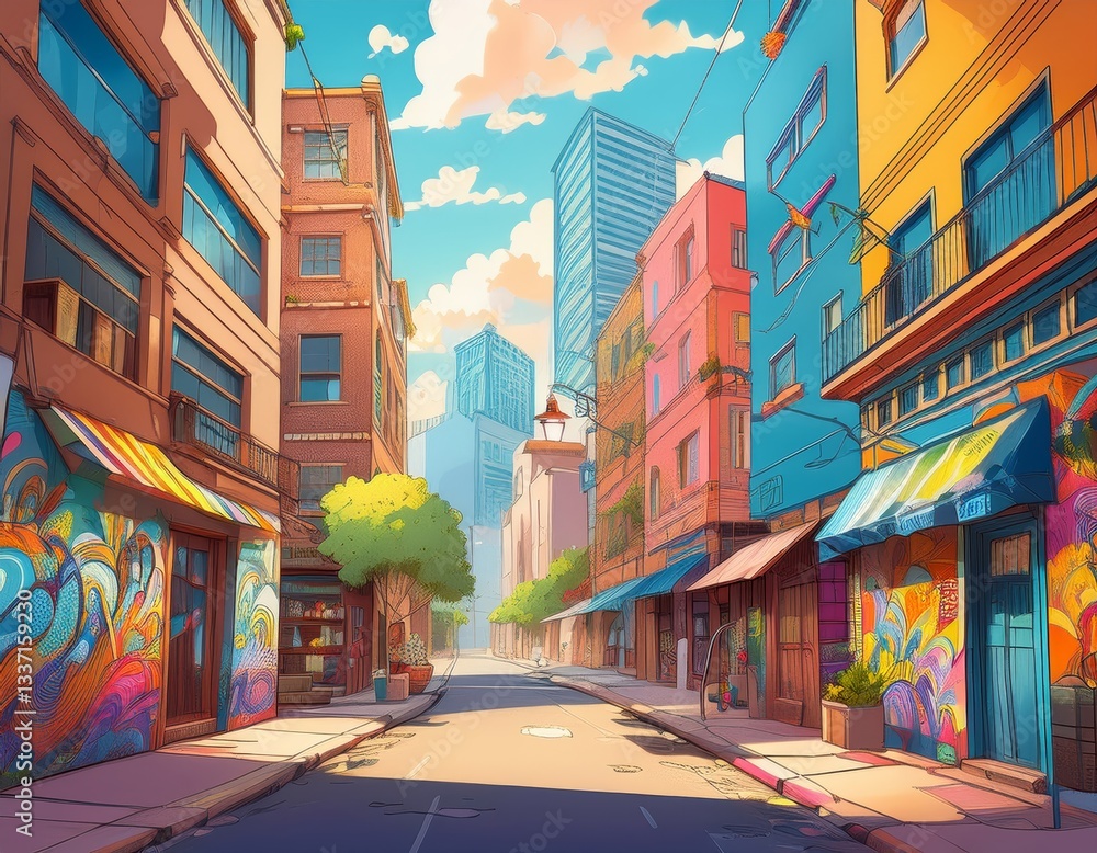 Fototapeta premium Comic cartoon urban street scene with diverse architectural styles