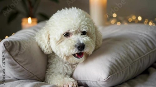 Adorable Bichon Frise nestled between soft pillows, drifting off to sleep in a cozy, candlelit setting with warm fairy lights.