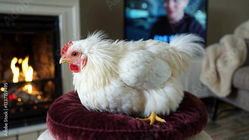 A ridiculously fluffy Silkie Chicken relaxes on a velvet cushion by a cozy fireplace, creating the ultimate warm and comforting movie-night vibe.
