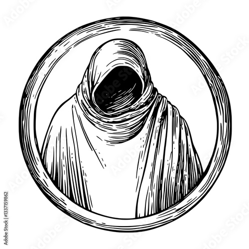 Mysterious figure draped in cloak within a circular frame, showcasing vintage engraving style with intricate detail