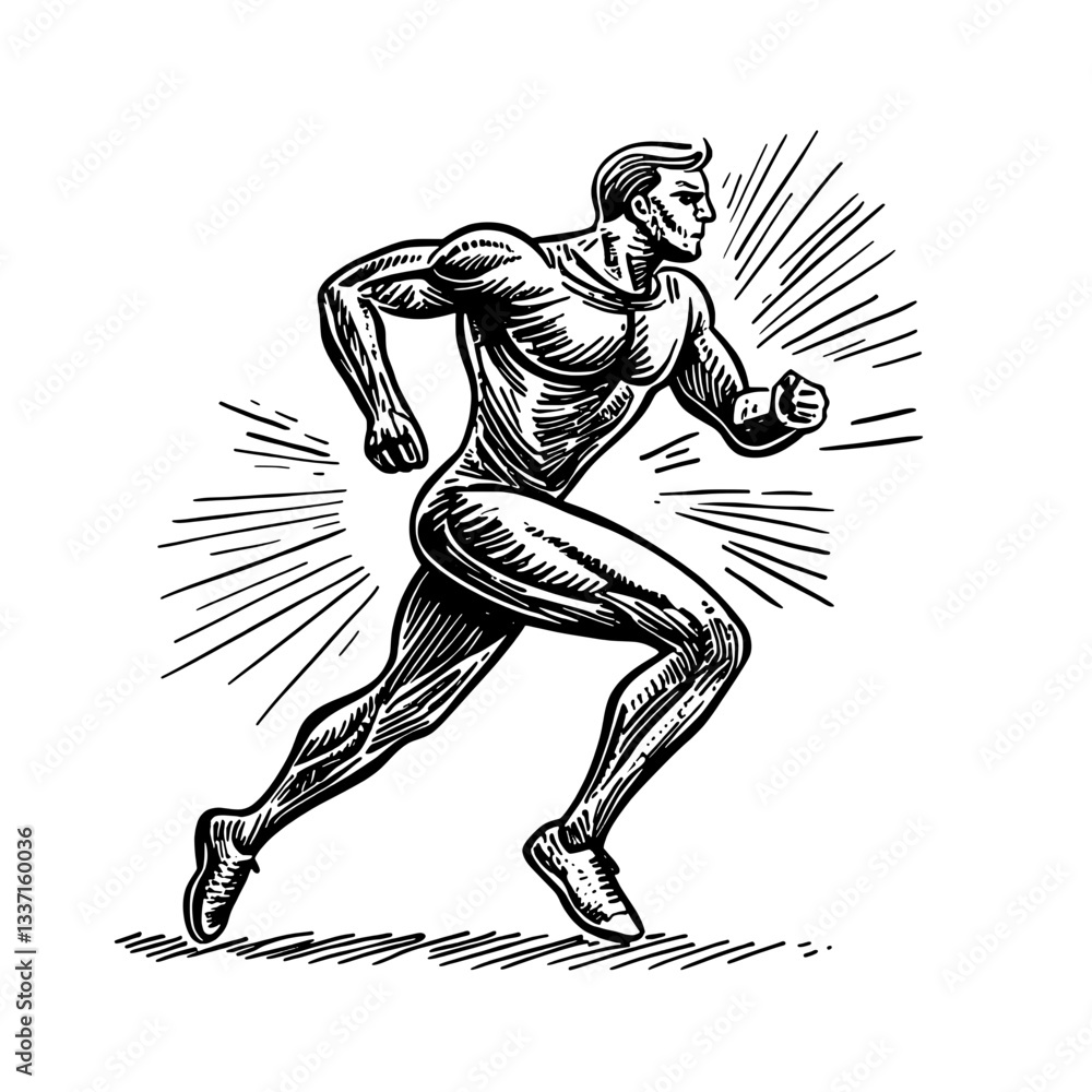 Fototapeta premium Dynamic vintage illustration of a runner showcasing strength and passion for athleticism in a stylish hand-drawn design