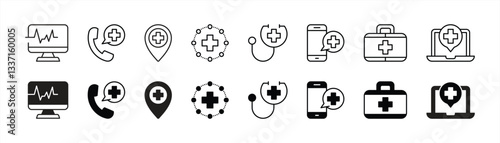 set of healthcare thin line icon. contain digital healthcare, cardiogram, medicine, online, emergency, checkup, doctor icon collections. vector illustration
