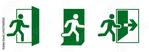 Green sign evacuation exit set icon, direction a safe area, fire exit, designations location emergency evacuation exit, quick and safe exit