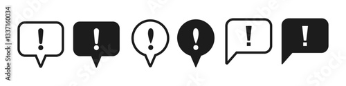 Speech bubble with exclamation mark, hazard warning sign, alert icons set, precaution mark