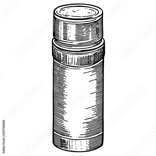 Detailed engraved illustration of a vintage thermos design showcasing intricate hand-drawn artistry