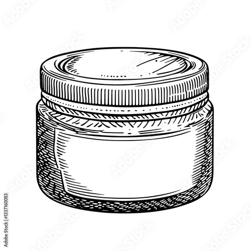 Engraved illustration of a vintage style cream jar showcasing handcrafted design for premium products and tattoo ideas