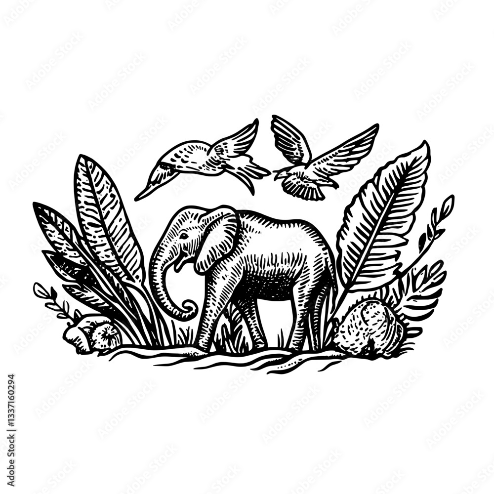 Obraz premium Engraved illustration of an elephant surrounded by birds and lush foliage in vintage style design