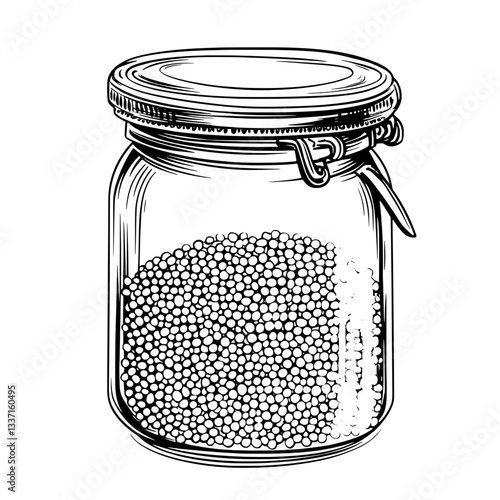Unique hand-drawn engraving of a vintage jar filled with mustard seeds showcasing artistic detail and premium quality design