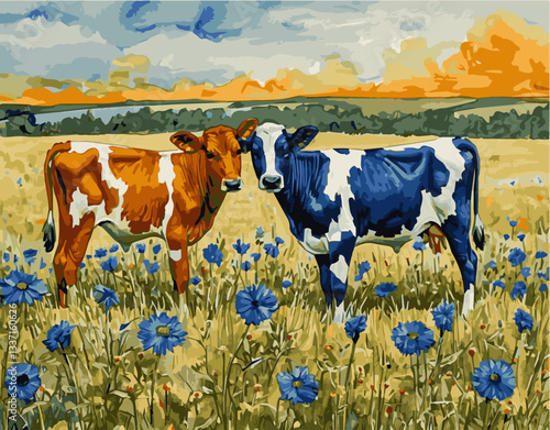 Two cows graze in a cornflower field. Vector graphics. EPS.