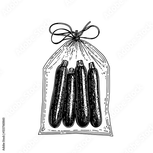 Hand-drawn engraving of fresh zucchinis packaged in a vintage bag, exuding a charming, artisanal appeal