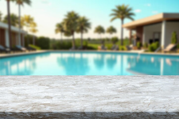 White marble countertop and blurred background of swimming pool with palm trees. Can be used for mocking up or display product to make advertising.