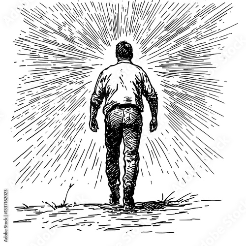 Journey towards radiance depicted in intricate engraving showcasing a solitary figure immersed in light