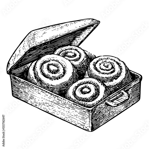 Unique vintage illustration of a handmade wooden box filled with delicious rolled pastries showcasing detailed engravings