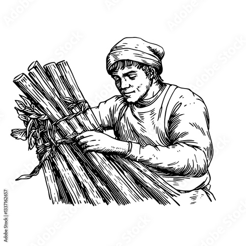 Engraved illustration of a craftsman skillfully binding bundles of reeds for traditional wickerwork design