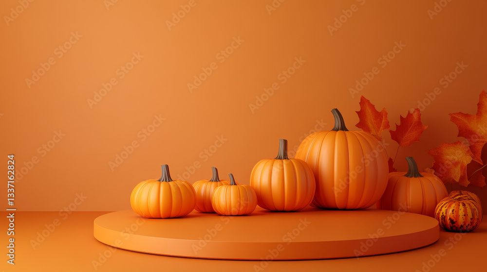 Round podium and pumpkins on orange background. Vector realistic illustration of festive Halloween or Thanksgiving Day banner with circular platform for product presentation, holiday discount promo Round podium and pumpkins on orange background. Vector realistic illustration of festive Halloween or Thanksgiving Day banner with circular platform for product presentation, holiday discount promo