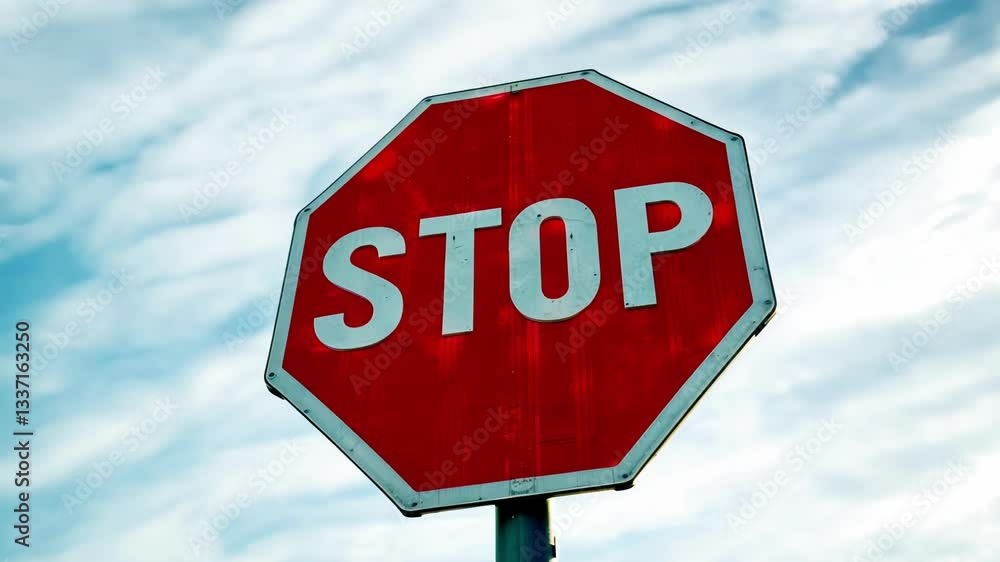 Bright red stop sign against a cloudy sky. concept of traffic safety, urban signal, road caution Bright red stop sign against a cloudy sky. concept of traffic safety, urban signal, road caution