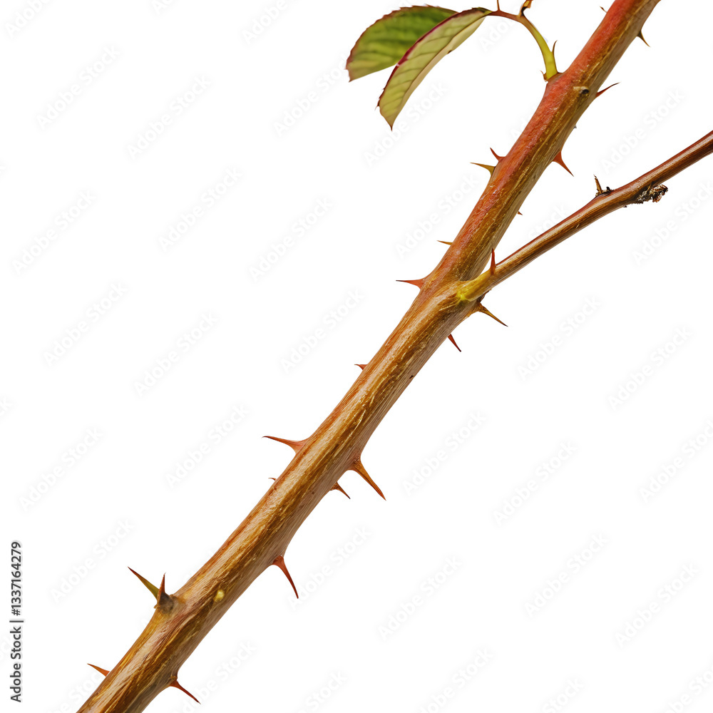 Closeup of Thorny Rose Stem with Young Leaves, Isolated on Black Background Closeup of Thorny Rose Stem with Young Leaves, Isolated on Black Background