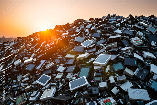 A large pile of discarded electronic devices, including phones, tablets, and laptops, under a sunset sky, symbolizing e-waste and environmental concerns.