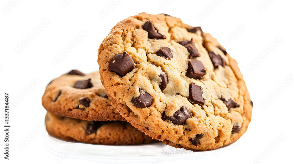 Three chocolate chip cookies stacked on top of each other. The cookies are made of a crunchy, chocolatey dough and are placed on a white plate Three chocolate chip cookies stacked on top of each other. The cookies are made of a crunchy, chocolatey dough and are placed on a white plate