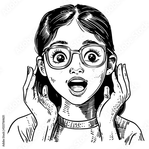 Expressive girl with glasses displaying astonishment in an intricately engraved illustration