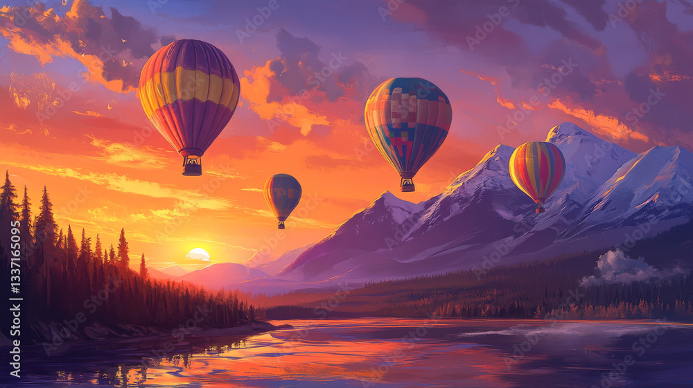 Obraz premium Hot air balloons flying in sunset sky above water pond and mountains in red and orange colored heaven. Dusk scenery landscape view, ballons flight travel, aerial tourism, Cartoon vector illustration