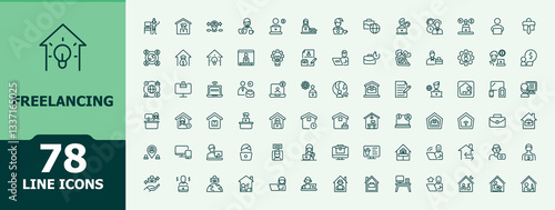 Freelancing icon set. Pack of business, work, outsourcing, remote working, office and more. Modern linear icons. Freelance icon collection. Minimal icons pack.