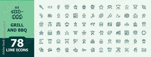 Grill And Bbq icon set in linear style. Containing picnic, bbq, cooking, butcher, grilled, barbeque and more. Cook related icon. Vector illustration in modern line style.