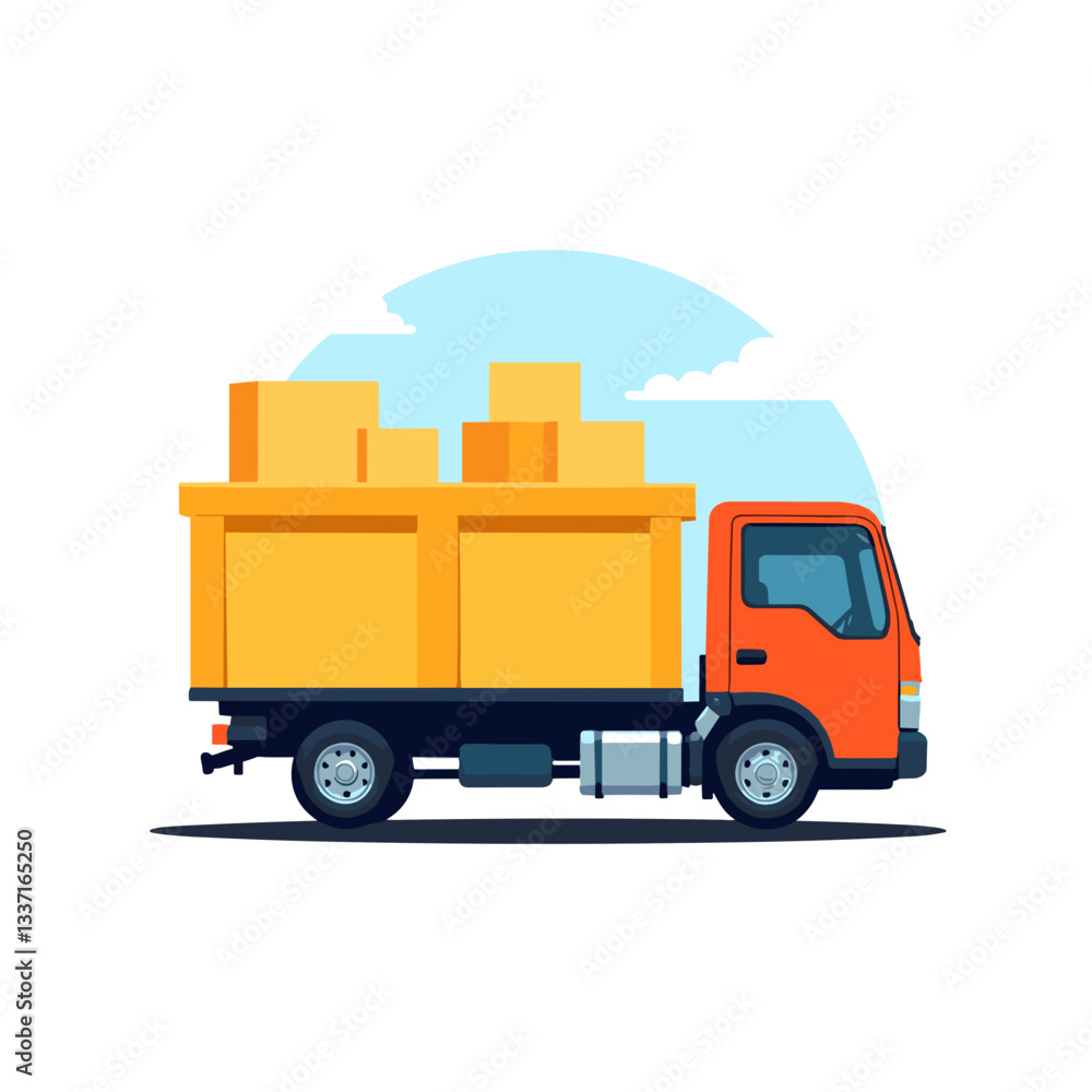 Fototapeta premium Illustration of a delivery truck loaded with yellow boxes against a blue circular background