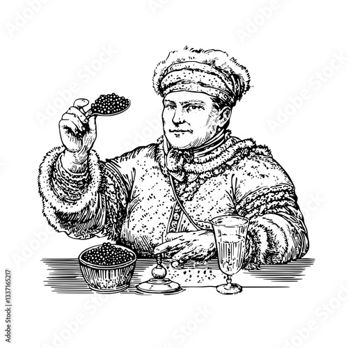Captivating scene of a man enjoying gourmet delicacies in a vintage engraved illustration