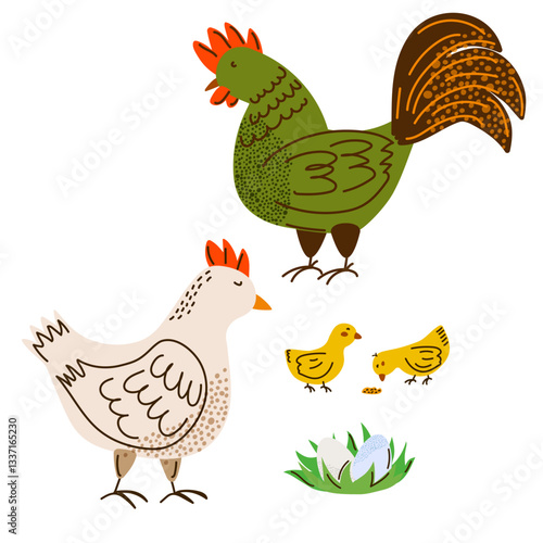 Farm illustration of a rooster, a hen, and two chicks. Baby chicks are eating grain. Nest with eggs. For agriculture, farming, and rural themes