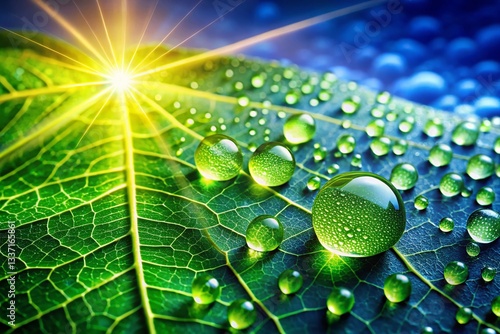 Macro Shot of Green Leaf with Water Droplets and Sunlight - High Depth of Field Stock Photo
