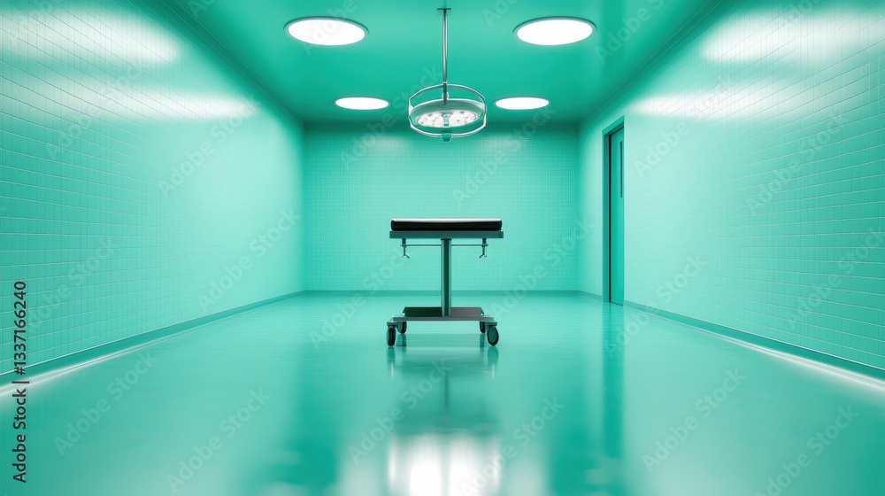 A vivid and sterile surgery room showcasing bright green tiles and an overhead surgical light, emphasizing cleanliness and the clinical environment essential for medical procedures.